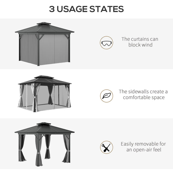 Outsunny 10' x 10' Hardtop Gazebo with Curtains and Netting, Permanent Pavilion Metal Double Roof Gazebo Canopy with Aluminum Frame and Hooks, for Garden, Patio, Backyard, Gray