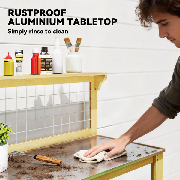 Wooden Potting Bench Table with Aluminium Worktop, Outdoor Garden Workbench with 2 Shelves and Grid Design for DIY, Planting Work Station for Patio, Yard, Balcony, 100 x 48 x 119 cm, Yellow