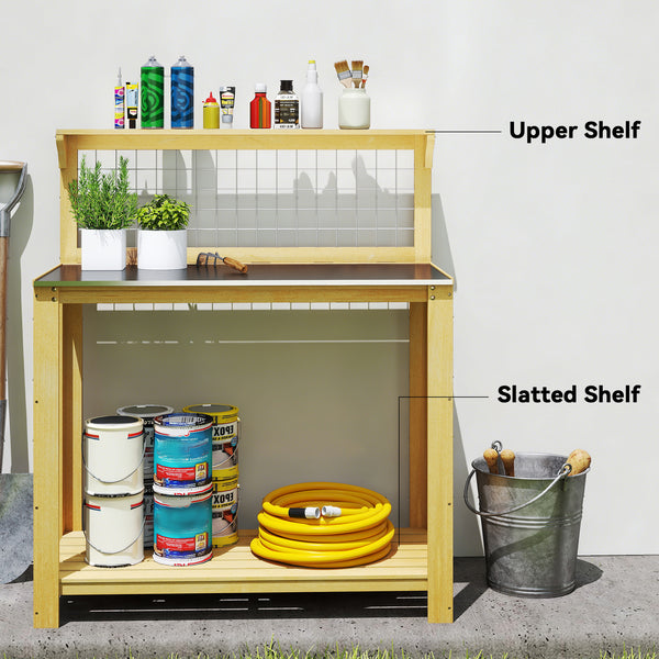 Wooden Potting Bench Table with Aluminium Worktop, Outdoor Garden Workbench with 2 Shelves and Grid Design for DIY, Planting Work Station for Patio, Yard, Balcony, 100 x 48 x 119 cm, Yellow