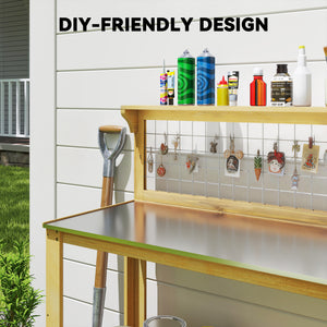 Wooden Potting Bench Table with Aluminium Worktop, Outdoor Garden Workbench with 2 Shelves and Grid Design for DIY, Planting Work Station for Patio, Yard, Balcony, 100 x 48 x 119 cm, Yellow