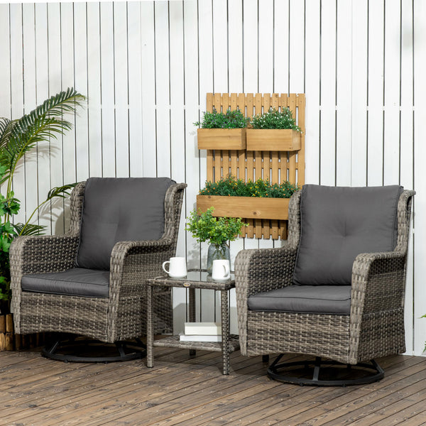 Outsunny 3 Pieces Wicker Outdoor Bistro Set, Rattan Patio Furniture Set with Glass Coffee Table and Swivel Porch Chairs for Backyard, Balcony, Garden, Gray