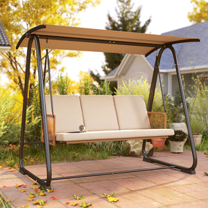 3 Seater Garden Swing Chair with Adjustable Tilting Canopy, 360 kg Capacity Garden Swing Seat Outdoor Hammock Bench with Breathable Texteline Seat, Zipped Cushions, Metal Frame, Sand Brown