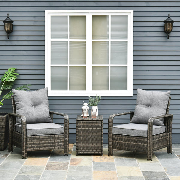 Outsunny 3 Pieces Wicker Outdoor Bistro Set, Rattan Patio Furniture Set with Storage Coffee Table and Porch Chairs, Thickened Cushions, for Backyard, Balcony, Garden, Gray