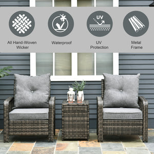 Outsunny 3 Pieces Wicker Outdoor Bistro Set, Rattan Patio Furniture Set with Storage Coffee Table and Porch Chairs, Thickened Cushions, for Backyard, Balcony, Garden, Gray