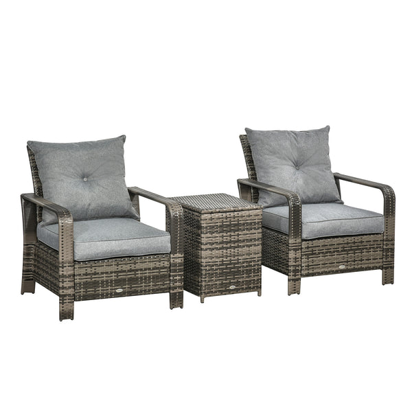 Outsunny 3 Pieces Wicker Outdoor Bistro Set, Rattan Patio Furniture Set with Storage Coffee Table and Porch Chairs, Thickened Cushions, for Backyard, Balcony, Garden, Gray