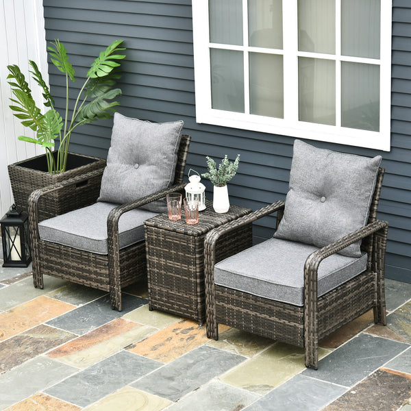 Outsunny 3 Pieces Wicker Outdoor Bistro Set, Rattan Patio Furniture Set with Storage Coffee Table and Porch Chairs, Thickened Cushions, for Backyard, Balcony, Garden, Gray