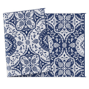 Outdoor Rug for Patio, 9' x 18' Waterproof Large Mat, Reversible Plastic Straw Rug for Decor, Portable Outside RV Camping Area Carpet Mat for Backyard Porch Deck Picnic, Blue & White Floral