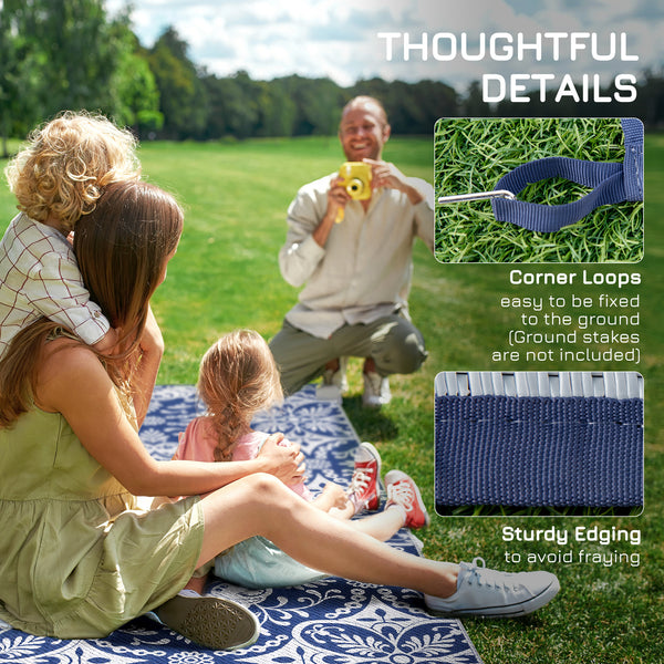 Outdoor Rug for Patio, 9' x 18' Waterproof Large Mat, Reversible Plastic Straw Rug for Decor, Portable Outside RV Camping Area Carpet Mat for Backyard Porch Deck Picnic, Blue & White Floral