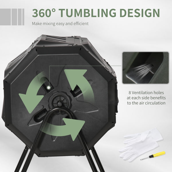 Outsunny Tumbling Compost Bin Outdoor 360° Dual Chamber Rotating Composter 43 Gallon, Black