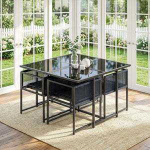 5 Pieces Garden Dining Set, Outdoor Patio Cube Set, 4 Seater Outdoor Table and Chairs with Foldable Backrest, Tempered Glass Top, Space-Saving, Dark Grey