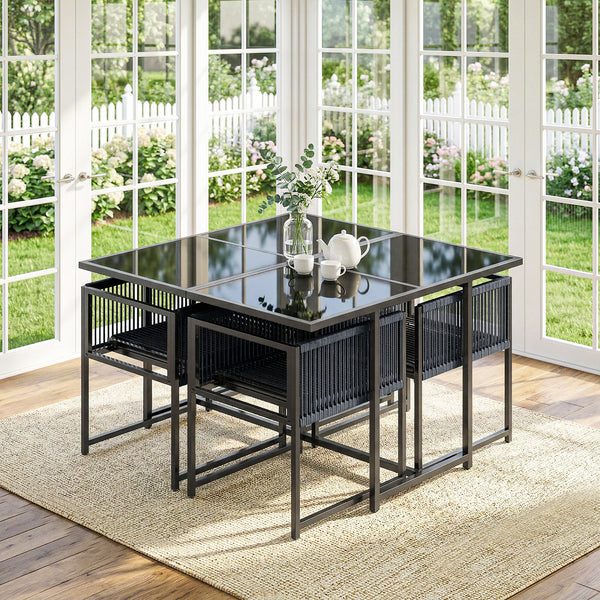 5 Pieces Garden Dining Set, Outdoor Patio Cube Set, 4 Seater Outdoor Table and Chairs with Foldable Backrest, Tempered Glass Top, Space-Saving, Dark Grey