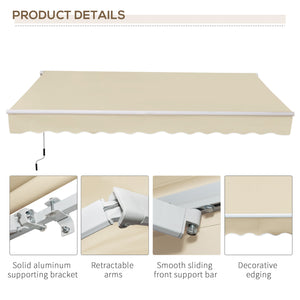 12' x 8' Retractable Awning Patio Awnings Sun Shade Shelter with Manual Crank Handle, 280g/m² UV & Water-Resistant Fabric and Aluminum Frame for Deck, Balcony, Yard, Cream White
