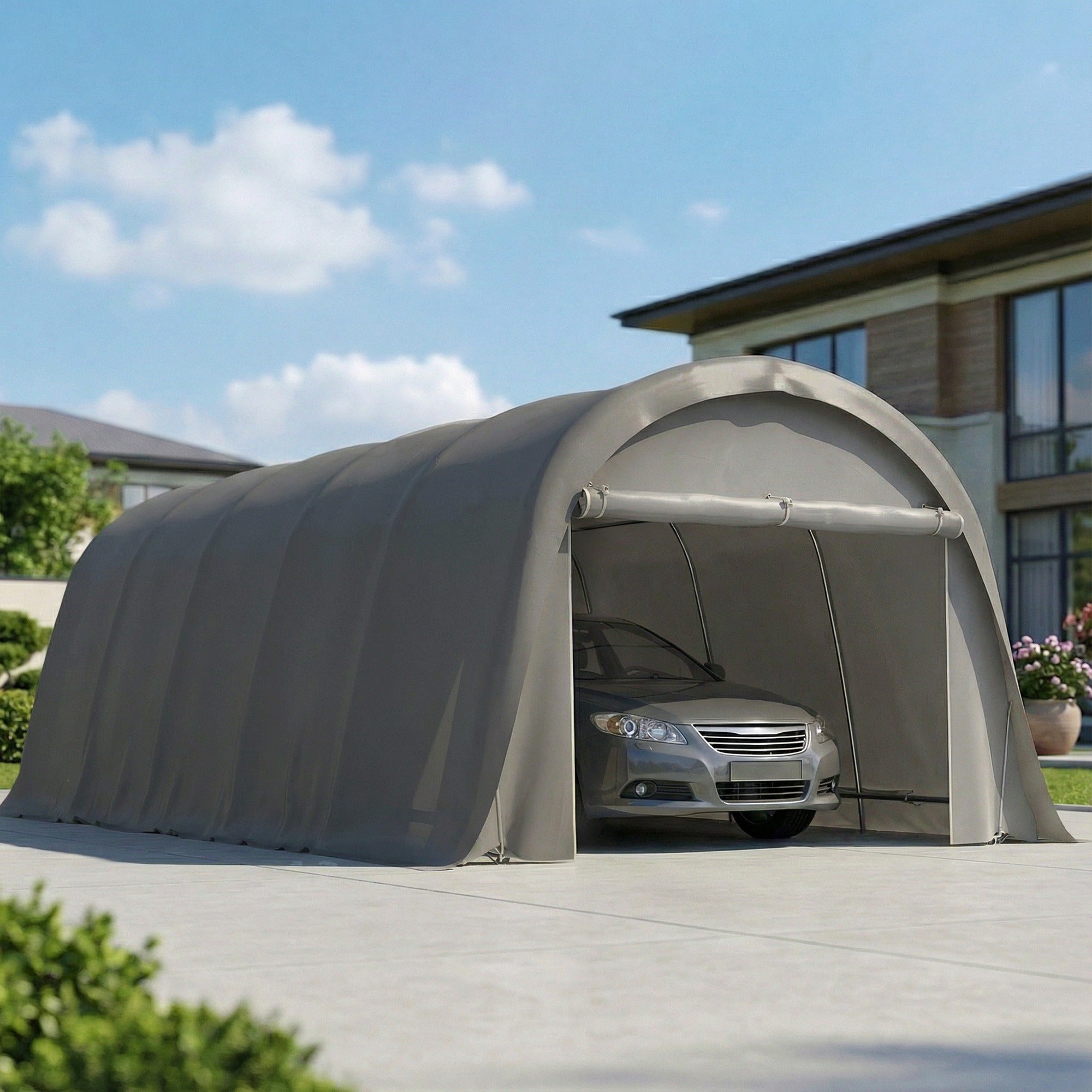 tent that attaches to car Outsunny 12' x 23.6' Heavy Duty Carport, UPF50+ Portable Garage Car Canopy Tent with Galvanized Frame, Large Door, Dark Gray
