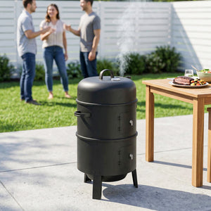 3-in-1 Vertical Barbecue Charcoal Smoker with 2 Grill Grates, Built-in Thermometer, Adjustable Vent, 2 Doors, Outdoor BBQ Smoker Grill for Camping, Parties, Picnic