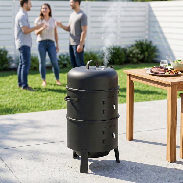 3-in-1 Vertical Barbecue Charcoal Smoker with 2 Grill Grates, Built-in Thermometer, Adjustable Vent, 2 Doors, Outdoor BBQ Smoker Grill for Camping, Parties, Picnic