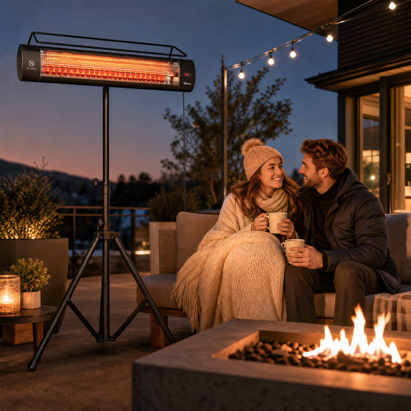 Electric Patio Heater, 1500 W Free Standing IP65 Waterproof Outdoor Infrared Heater with Tripod, 3 Heat Levels, 24H Timer, Touch Screen/Remote Control, Tip-Over/Over Heat Protection, Black
