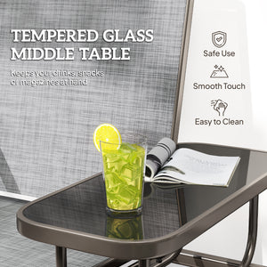 2 Seats Garden Glider Bench, Metal Frame Loveseat with Glass Top  Centre Table, Porch Rocking Glider for 2 Person, for Deck, Patio, Brown/ Grey