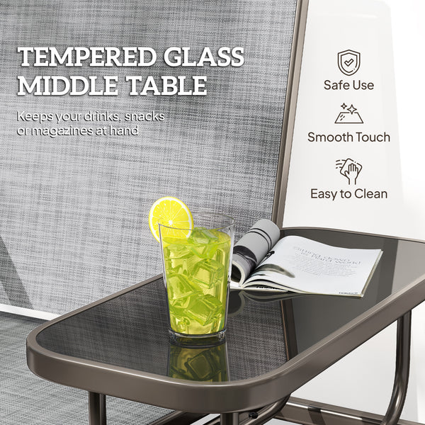 2 Seats Garden Glider Bench, Metal Frame Loveseat with Glass Top  Centre Table, Porch Rocking Glider for 2 Person, for Deck, Patio, Brown/ Grey