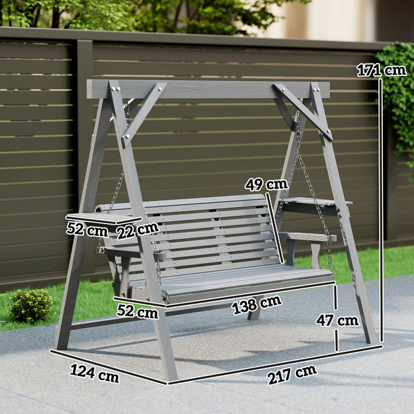3 Seater Garden Swing Seat, Wooden Swing Chair Bench with Side Tables and Metal Chains, for Outdoor Porch Patio, Dark Grey