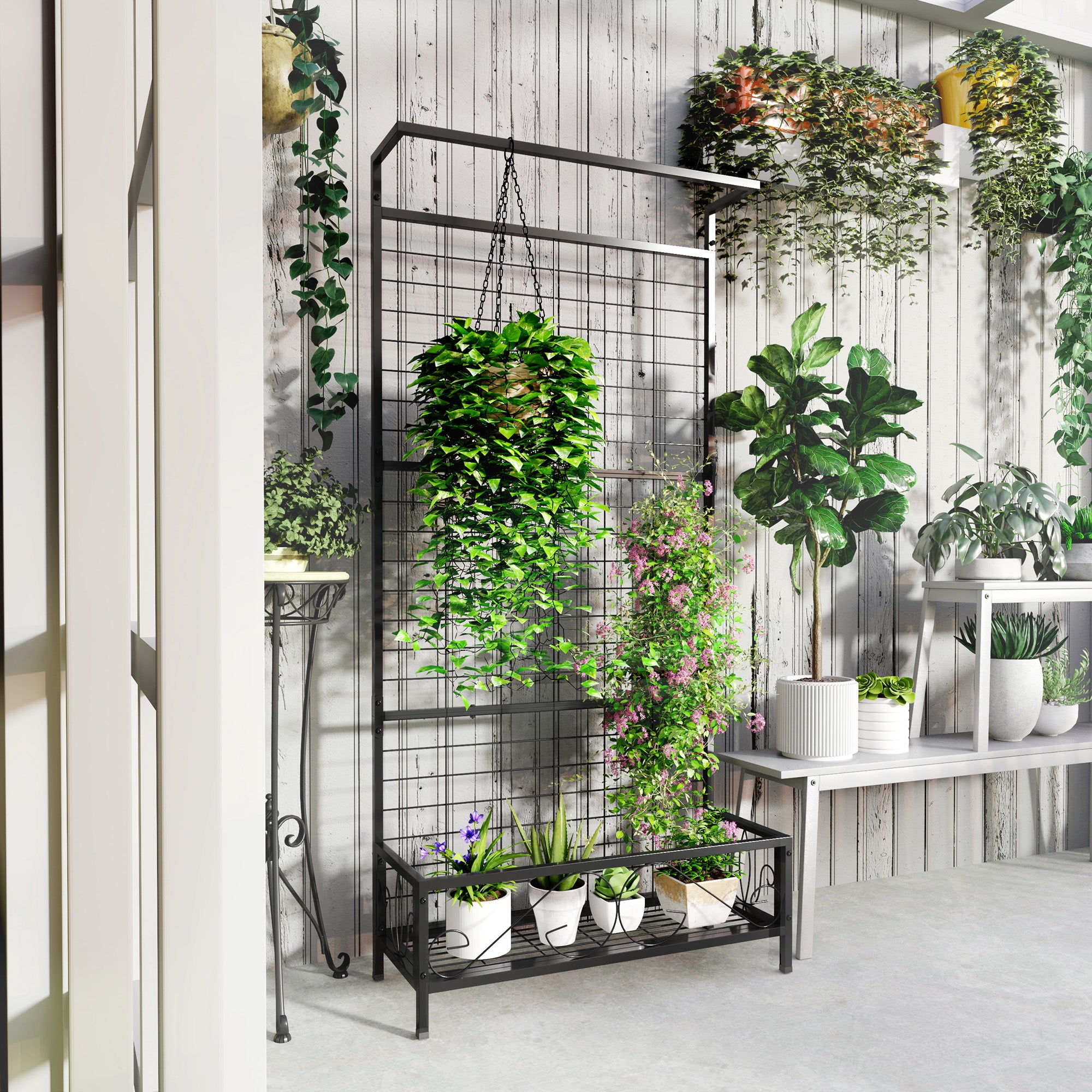 large indoor vine plants Outsunny Metal Tall Plant Stand with Trellis and Hanging Bar, Plant Holder for Indoor Outdoor Use, 36" x 12.8" x 74", Black