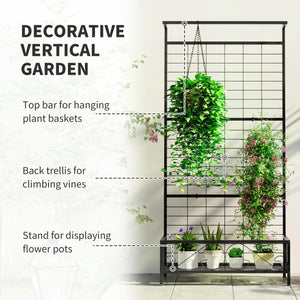 Outsunny Tall Plant Stand with Trellis and Hanging Bar, Metal Plant Holder Flower Stand for Vine Climbing Plants Flowers Indoor Outdoor Use, 35" x 12.8" x 74", Black