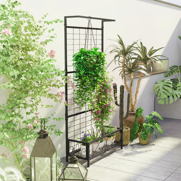 Outsunny Tall Plant Stand with Trellis and Hanging Bar, Metal Plant Holder Flower Stand for Vine Climbing Plants Flowers Indoor Outdoor Use, 35" x 12.8" x 74", Black