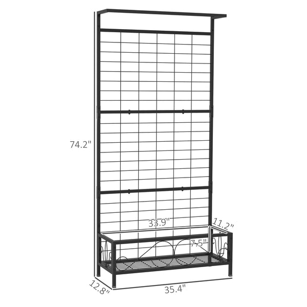 Outsunny Tall Plant Stand with Trellis and Hanging Bar, Metal Plant Holder Flower Stand for Vine Climbing Plants Flowers Indoor Outdoor Use, 35" x 12.8" x 74", Black