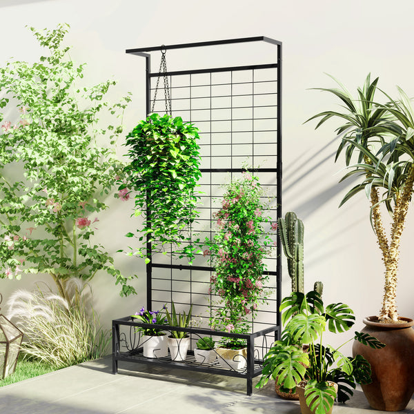 Outsunny Tall Plant Stand with Trellis and Hanging Bar, Metal Plant Holder Flower Stand for Vine Climbing Plants Flowers Indoor Outdoor Use, 35" x 12.8" x 74", Black