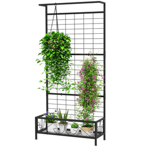 Outsunny Tall Plant Stand with Trellis and Hanging Bar, Metal Plant Holder Flower Stand for Vine Climbing Plants Flowers Indoor Outdoor Use, 35" x 12.8" x 74", Black