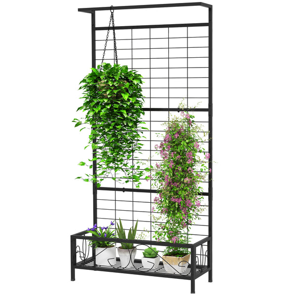 Outsunny Tall Plant Stand with Trellis and Hanging Bar, Metal Plant Holder Flower Stand for Vine Climbing Plants Flowers Indoor Outdoor Use, 35" x 12.8" x 74", Black