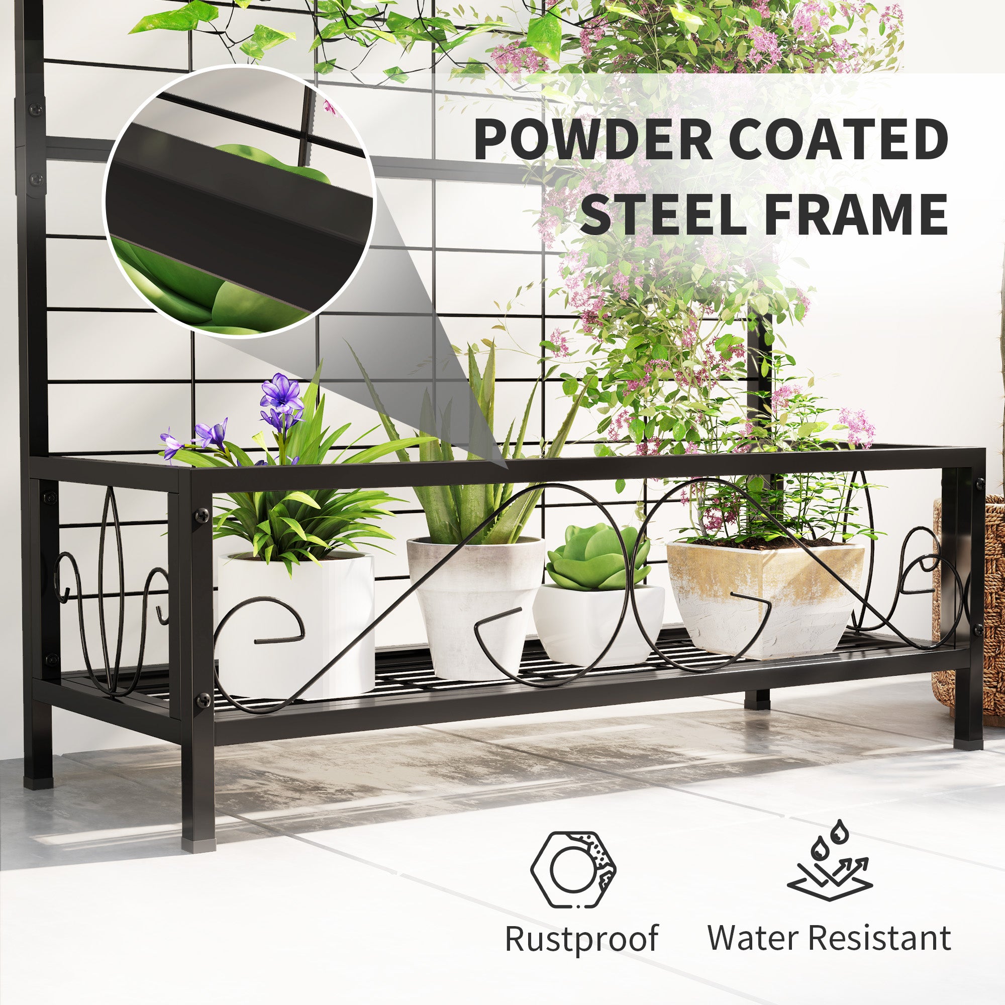 black hanging plant holder Outsunny Metal Tall Plant Stand with Trellis and Hanging Bar, Plant Holder for Indoor Outdoor Use, 36" x 12.8" x 74", Black