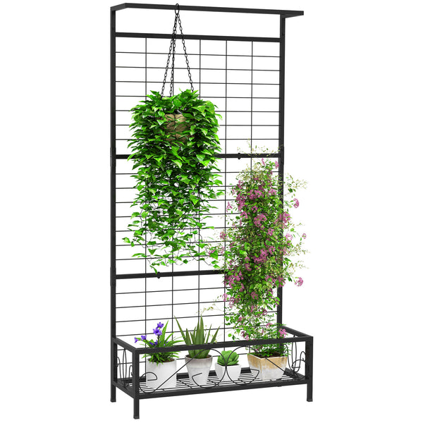 Outsunny Tall Plant Stand with Trellis and Hanging Bar, Metal Plant Holder Flower Stand for Vine Climbing Plants Flowers Indoor Outdoor Use, 35" x 12.8" x 74", Black