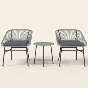 ARVOYA 3 Pieces Garden Rattan Bistro Set with Chairs, Glass Top Table & Cushions, Light Grey