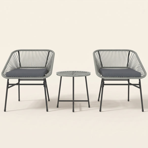 ARVOYA 3 Pieces Garden Rattan Bistro Set with Chairs, Glass Top Table & Cushions, Light Grey