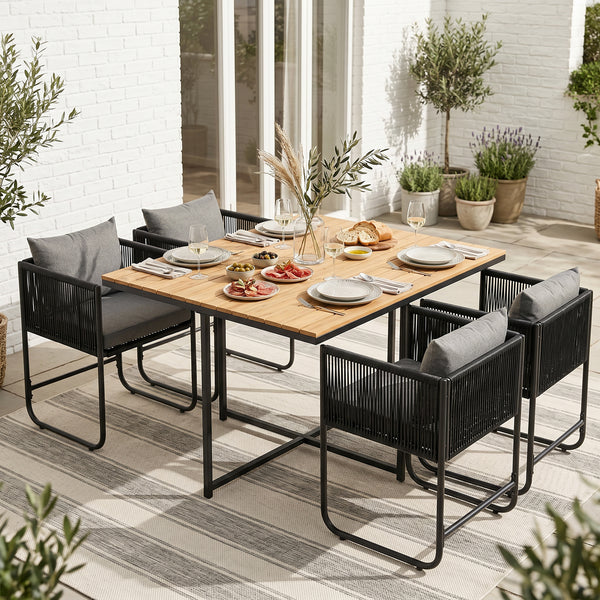 ARVOYA 4 Seater Rattan Garden Furniture Set with Armchairs, Cushions & Wood Grain Top Table, Black