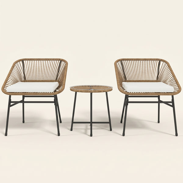 ARVOYA 3 Pieces Garden Rattan Bistro Set with Chairs, Glass Top Table & Cushions, Natural