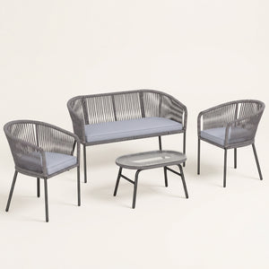 ARVOYA 4-Piece Rope Sofa Set with Loveseat, 2 Chairs & Tempered Glass Table, Dark Grey
