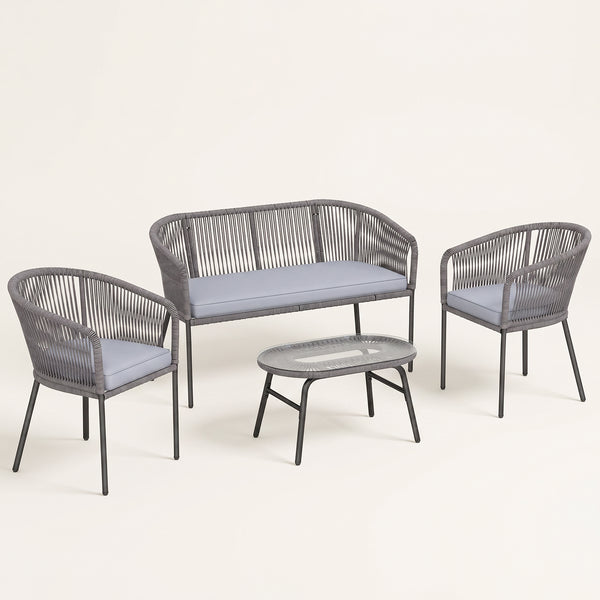 ARVOYA 4-Piece Rope Sofa Set with Loveseat, 2 Chairs & Tempered Glass Table, Dark Grey