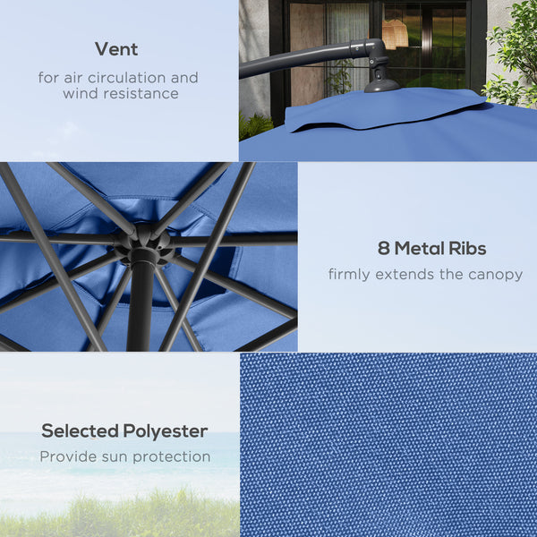 3(m) Garden Banana Parasol Cantilever Umbrella with Crank Handle, Cross Base, Weights and Cover for Outdoor, Hanging Sun Shade, Blue