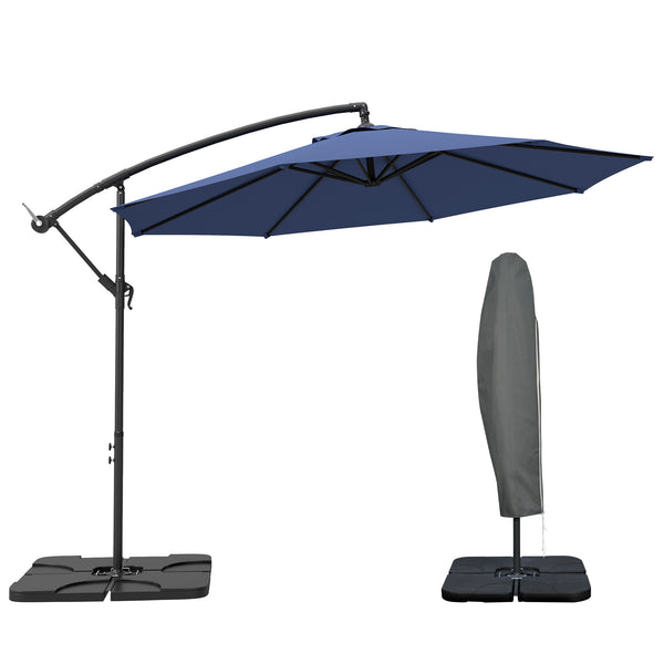 3(m) Garden Banana Parasol Cantilever Umbrella with Crank Handle, Cross Base, Weights and Cover for Outdoor, Hanging Sun Shade, Blue
