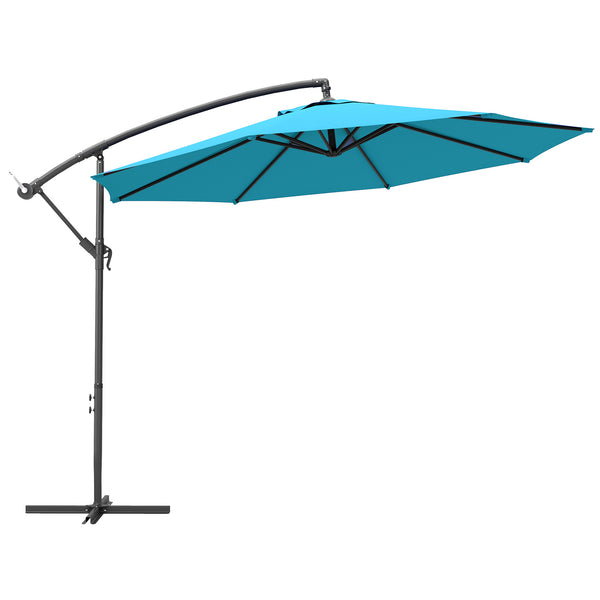 3(m) Garden Banana Parasol Cantilever Umbrella with Crank Handle, Cross Base, Weights and Cover for Outdoor, Hanging Sun Shade, Blue
