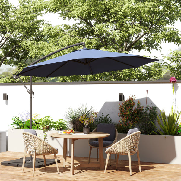 3(m) Garden Banana Parasol Cantilever Umbrella with Crank Handle, Cross Base, Weights and Cover for Outdoor, Hanging Sun Shade, Blue