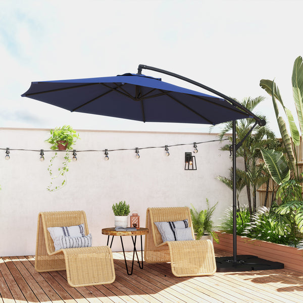 3(m) Garden Banana Parasol Cantilever Umbrella with Crank Handle, Cross Base, Weights and Cover for Outdoor, Hanging Sun Shade, Blue