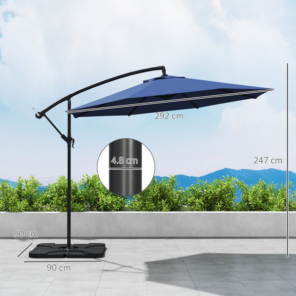 3(m) Garden Banana Parasol Cantilever Umbrella with Crank Handle, Cross Base, Weights and Cover for Outdoor, Hanging Sun Shade, Blue