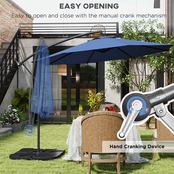 3(m) Garden Banana Parasol Cantilever Umbrella with Crank Handle, Cross Base, Weights and Cover for Outdoor, Hanging Sun Shade, Blue