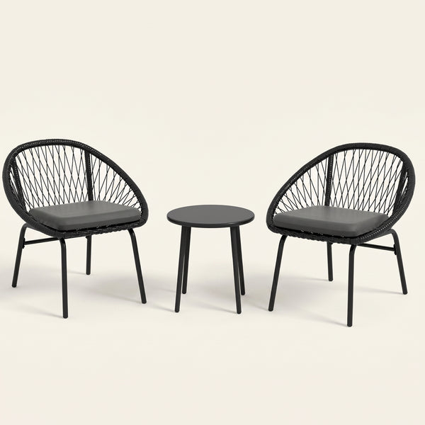 ARVOYA 3 Pieces Garden Rattan Bistro Set with Chairs, Round Coffee Table & Cushions, Black