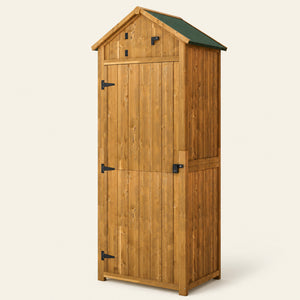 ROWAN Wooden Storage Cabinet w/ Shelves, Tilt Roof & Lockable Double Doors, Brown