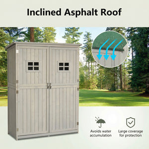 Wooden storage shed with inclined asphalt roof in a forest setting