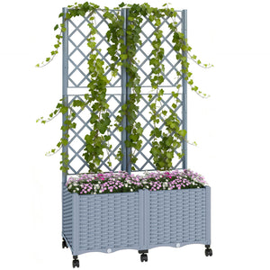 Planter Box with Trellis, Self Watering Raised Garden Bed with Lockable Wheels, 56.3" Trellis Privacy Planter with Drainage Holes for Climbing Plants, Vines, Vegetables, Flowers, Gray