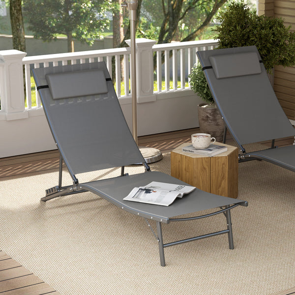 Outdoor Lounge Chair Set of 2, Folding Outdoor Chaise Lounge with Adjustable Backrest, Reclining Sun Tanning Chair with Mesh Seat, Headrest for Beach, Poolside, Grey